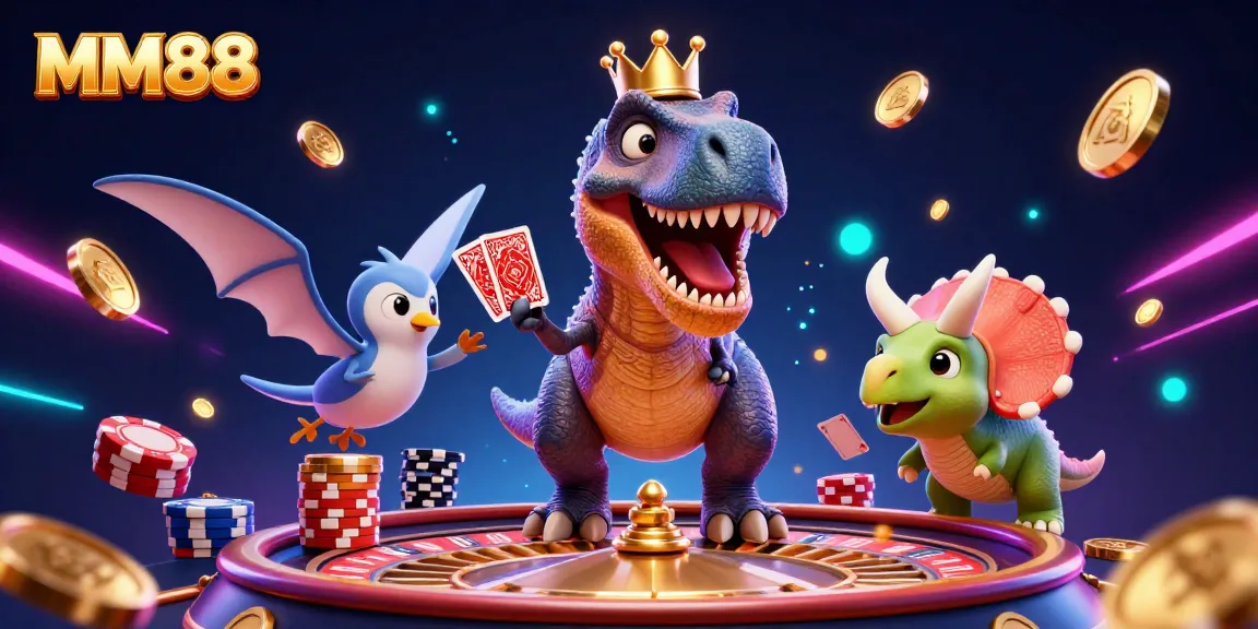 Engage with MM88 in a vibrant casino scene featuring a T-Rex card dealer, showcasing exciting gambling moments.