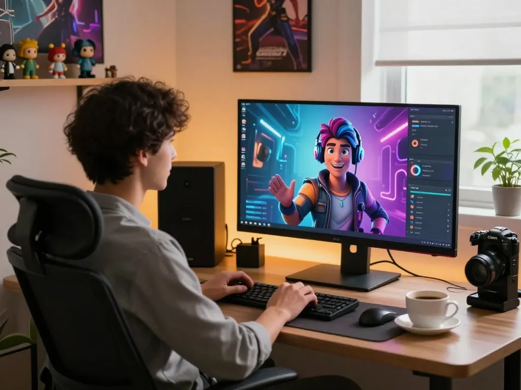 User enjoying crushon AI character chat in modern home office setup with vibrant display.