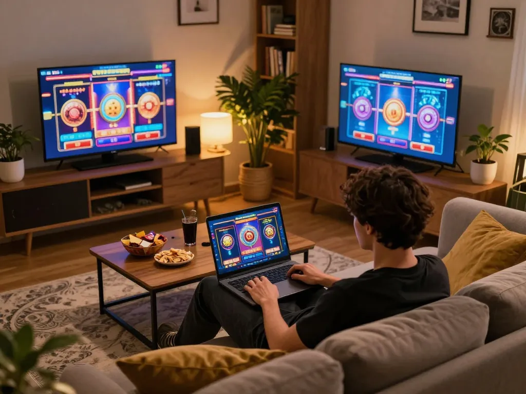 x88 player enjoying an online slot game on laptop at home, cozy atmosphere with snacks and drinks