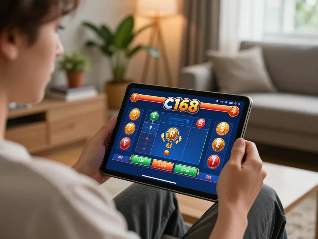 C168 bet gameplay showcasing a player immersed on a tablet in a cozy modern living room