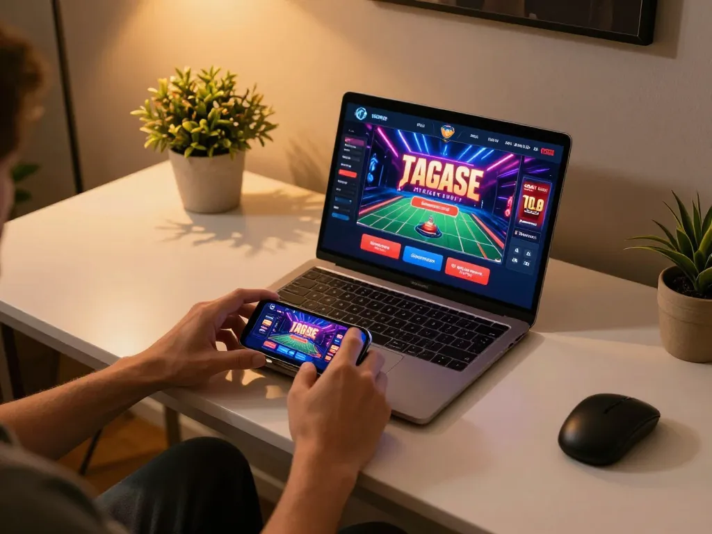 Engaged in online gaming at nhà cái trực tuyến uy tín with smartphone and laptop interface.