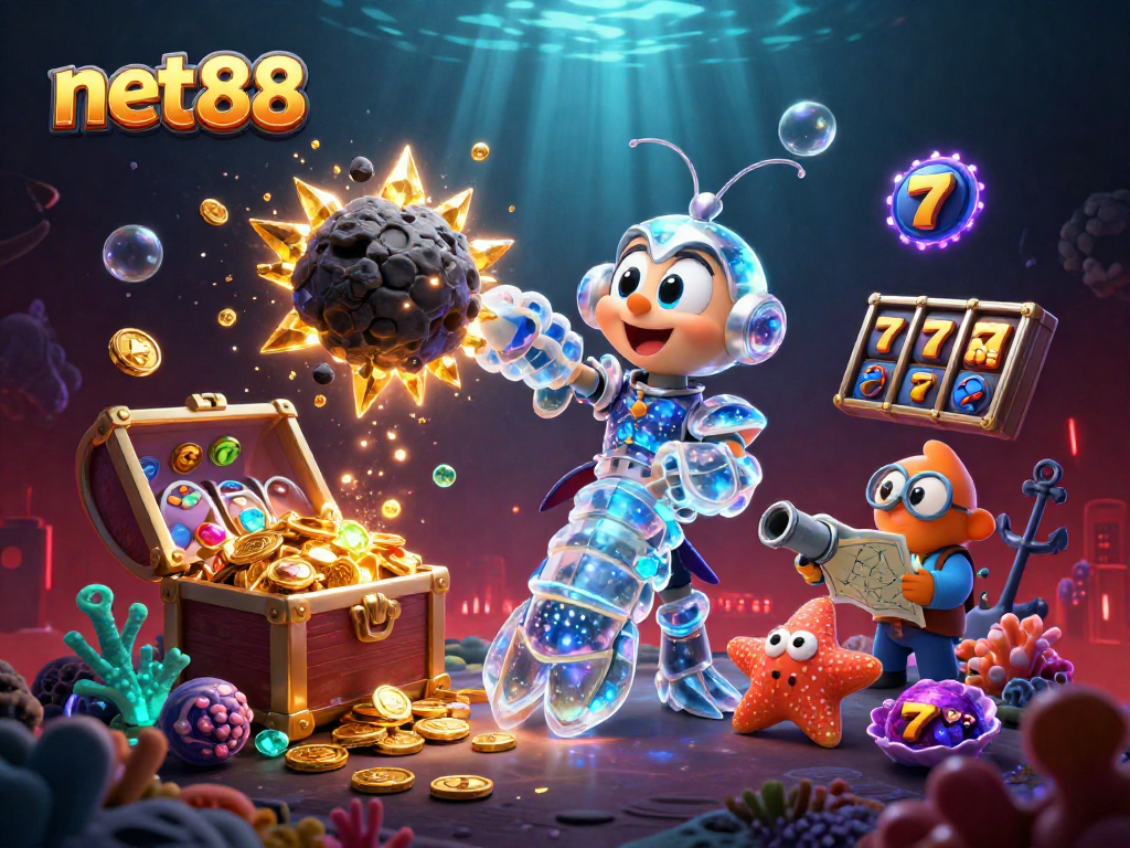 net88 galactic samurai mantis shrimp smashing an asteroid, surrounded by vibrant casino elements.