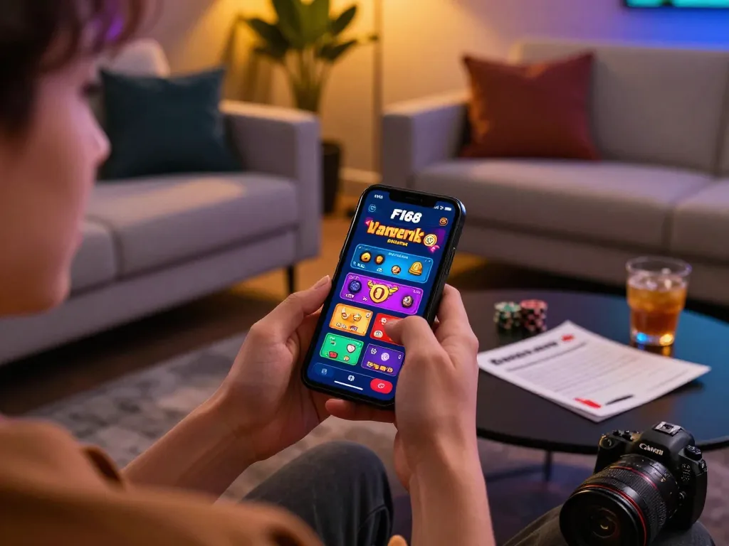 Engaging user experience on the F168 app, featuring virtual gaming display and strategy notes in a cozy home setting.