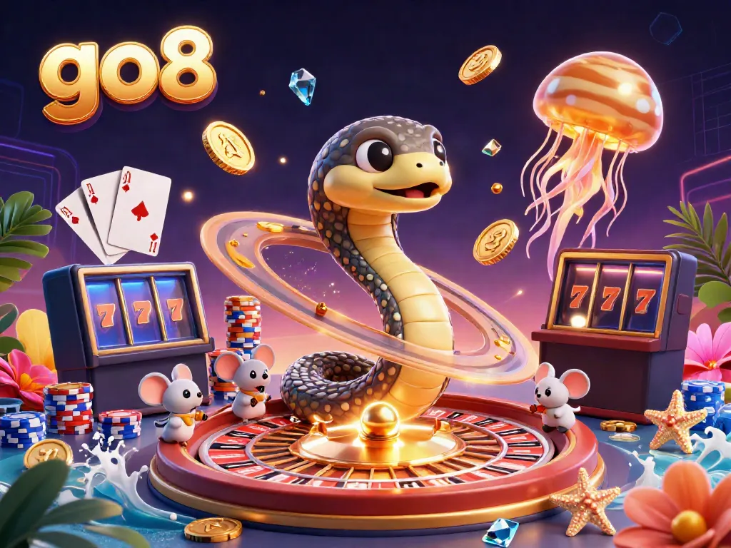Experience gaming thrills with go8 in a vibrant cosmic casino scene featuring a roulette ring snake, astronaut mice, and glowing treasures.