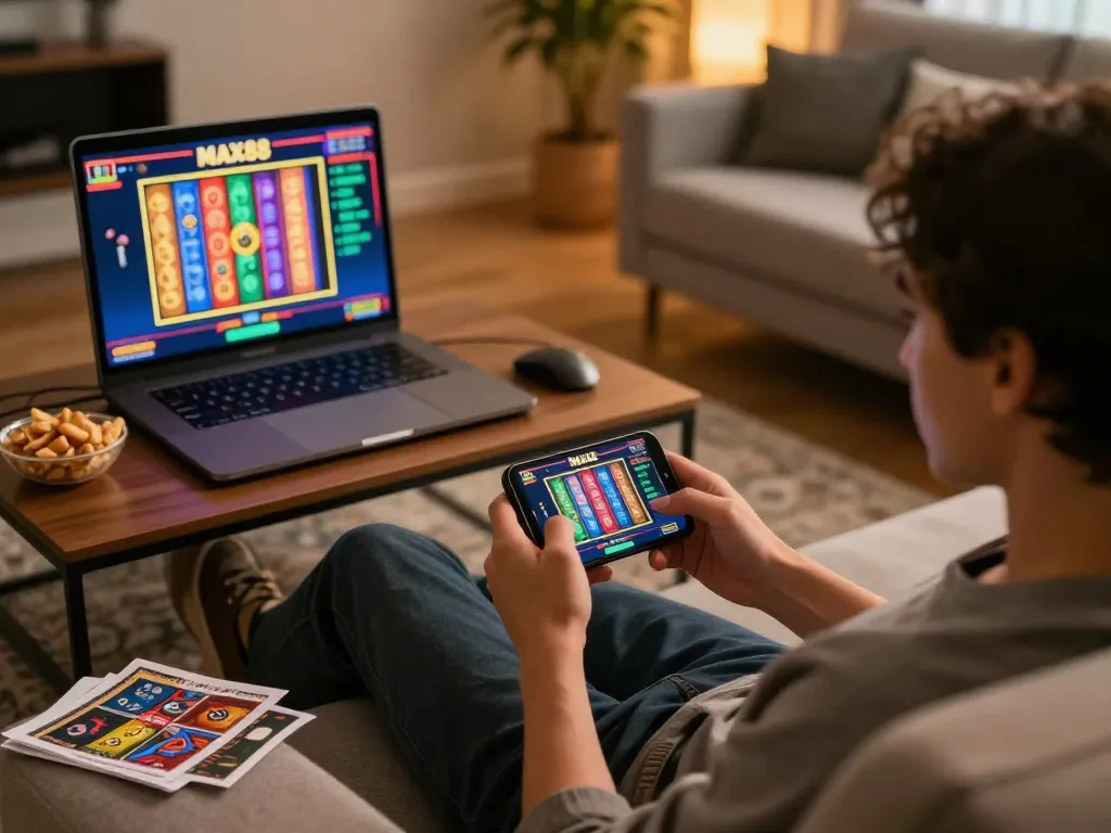 Engaging in a winning session at MAX88 online casino on a smartphone in a cozy living room.