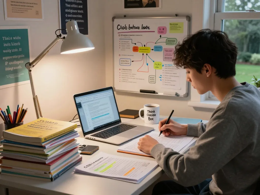 Student studying for C168 Critical Thinking and Logic in a cozy study room.