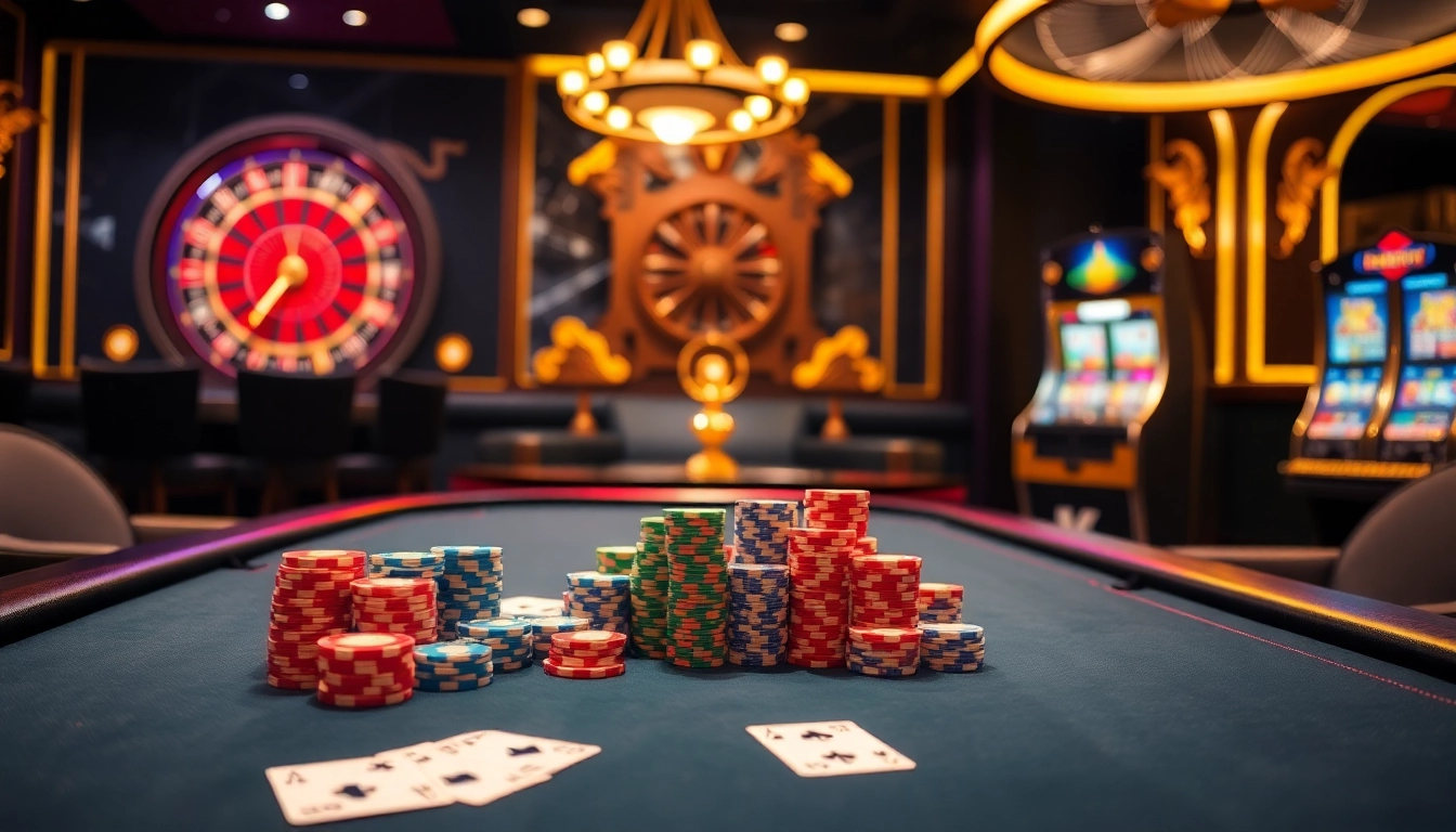 Experience the thrill of km1888b with vibrant casino tables, cards, and luxurious ambiance.
