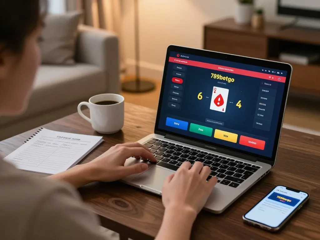 Player engaging with the 789betgo online poker interface while seated at a cozy home setup.