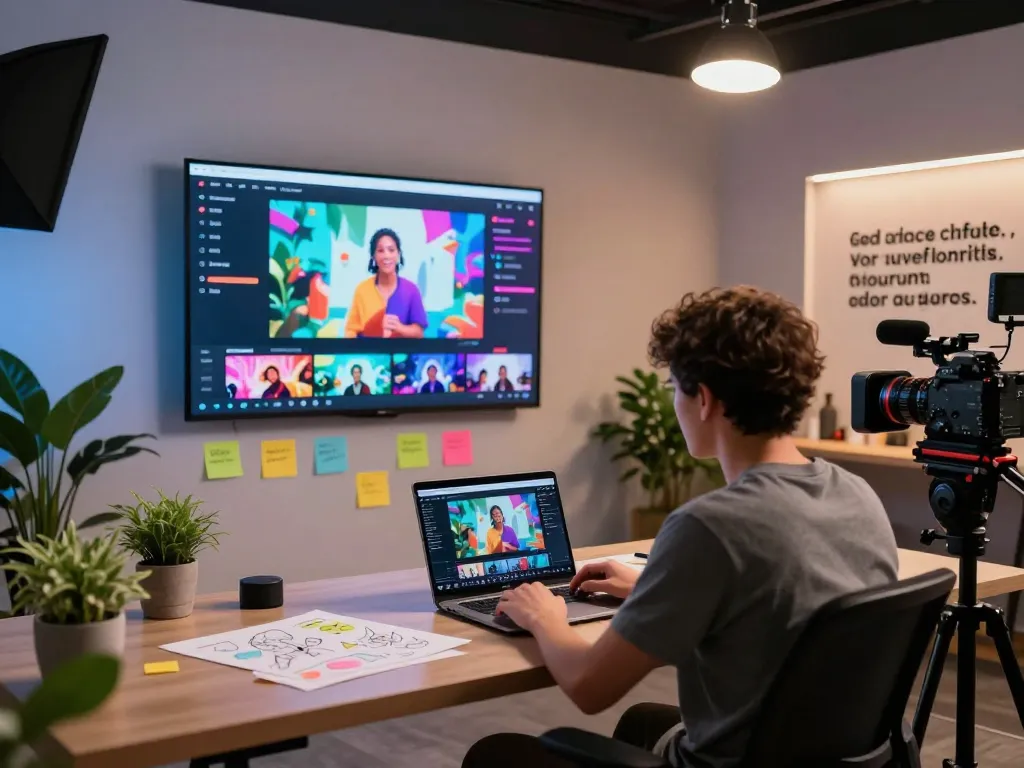 Content creator using ai seedance 2.0 in a vibrant digital studio.
