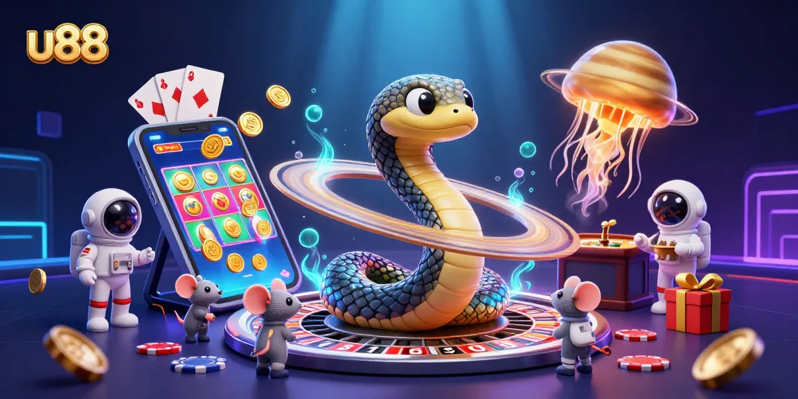 Experience thrilling bets with u88 amidst vibrant games and dynamic characters in this engaging casino illustration.