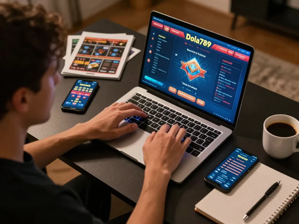 Dola789 player engaging in online casino gaming at home with strategy notes and laptop.