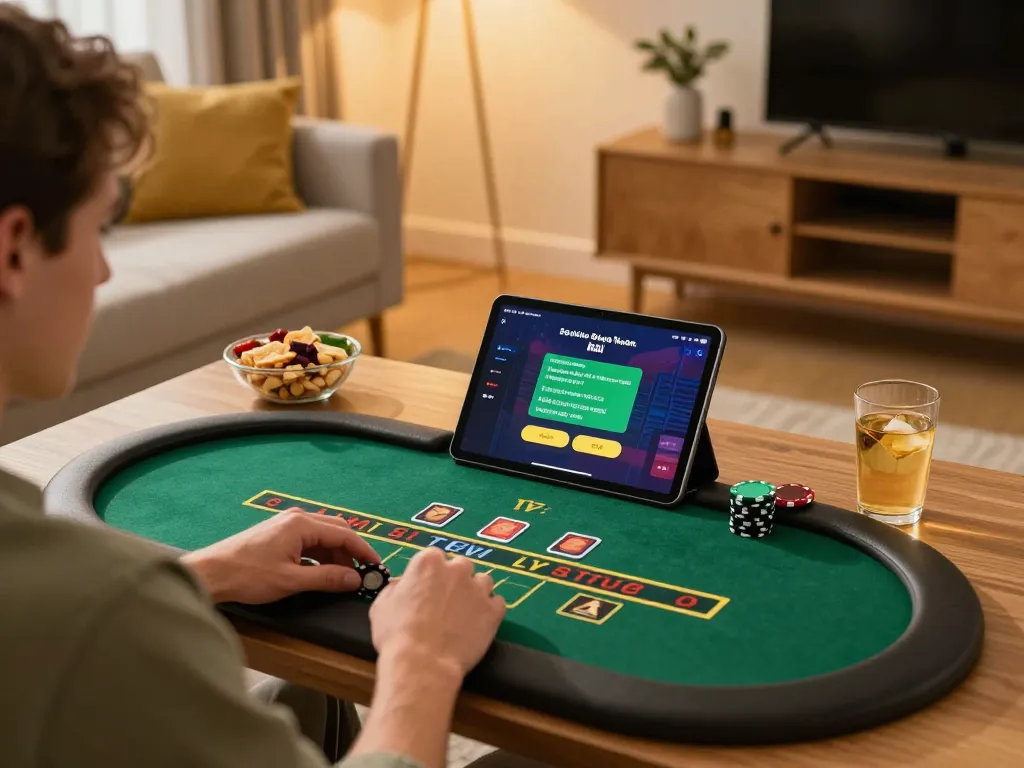 Playing blackjack on a tablet with 789WIN while enjoying snacks in a cozy living room.