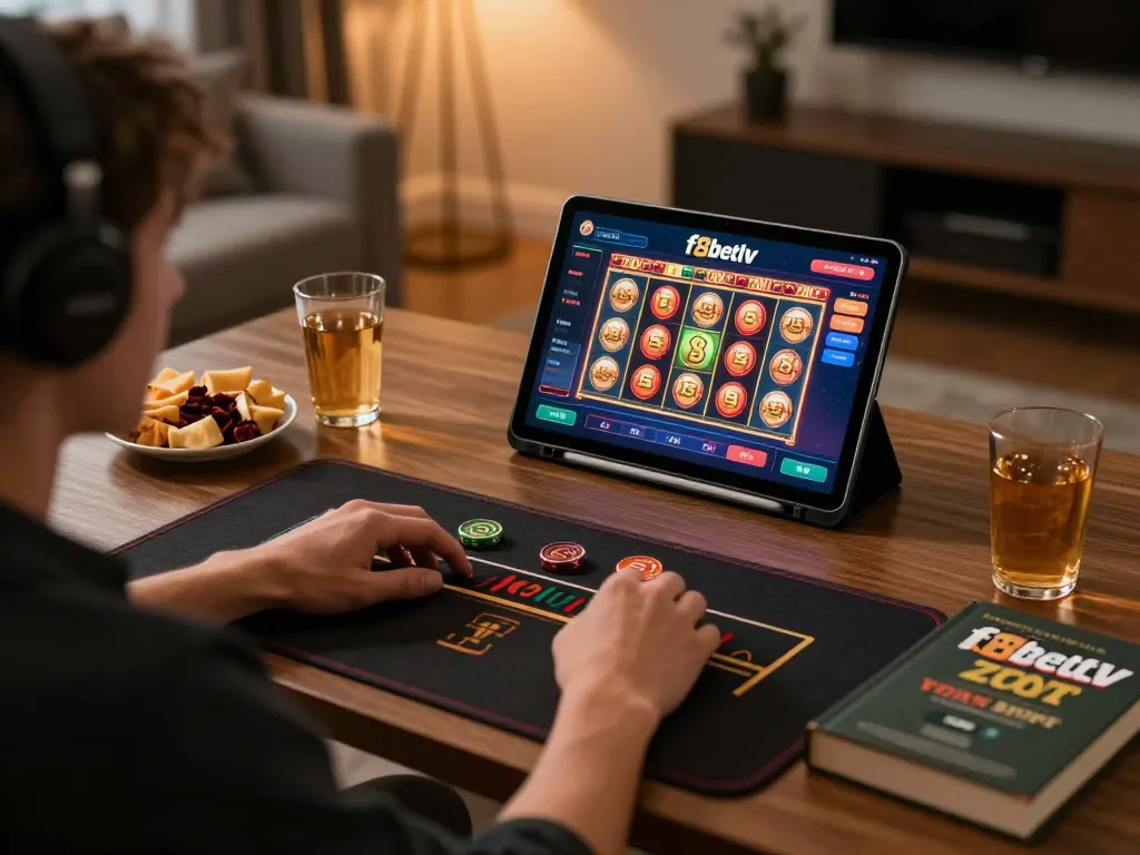 Engaging gameplay on f8betlv app in a cozy home setup, showcasing tablet and snacks.