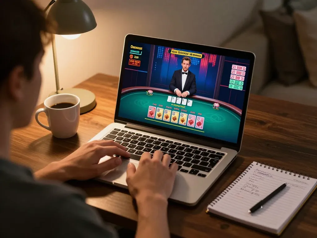 Highly engaged person playing a live dealer game on a laptop at home, showcasing nhà cái kp88 gaming experience