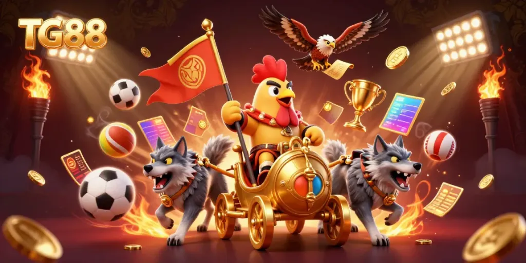 Engage in the thrilling experience of TG88 with a dynamic 3D illustration showcasing a rooster warlord and action-packed elements of gambling.