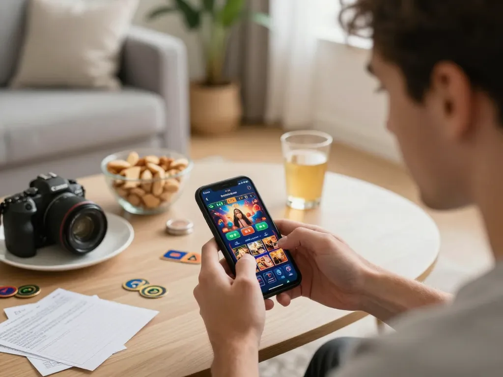 A player enjoying mobile gaming on bj88bj app in a cozy home setup, combining strategy and fun.