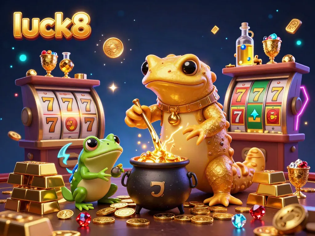 Experience luck8's magical casino environment with vibrant gold and spinning slots in a vivid 3D illustration.