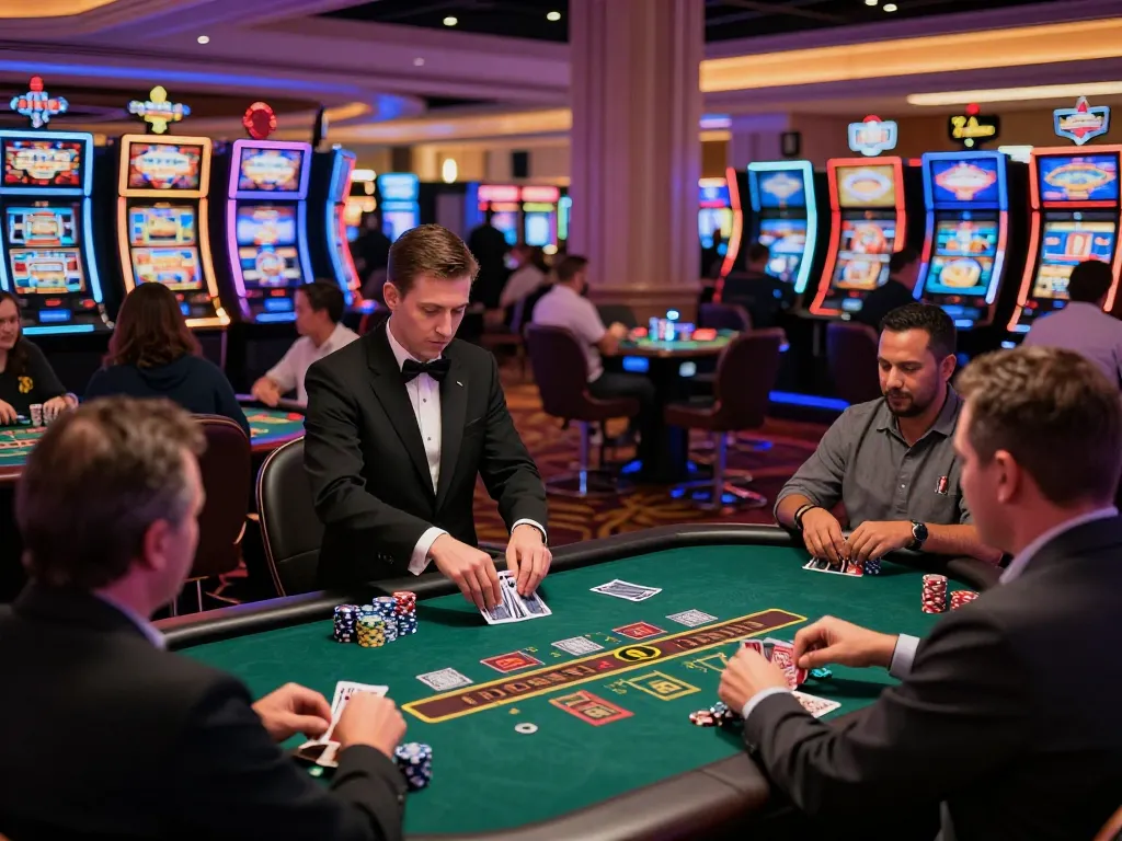 Players placing bets at blackjack tables in a lively Las Vegas casino scene with fly88 ambiance.
