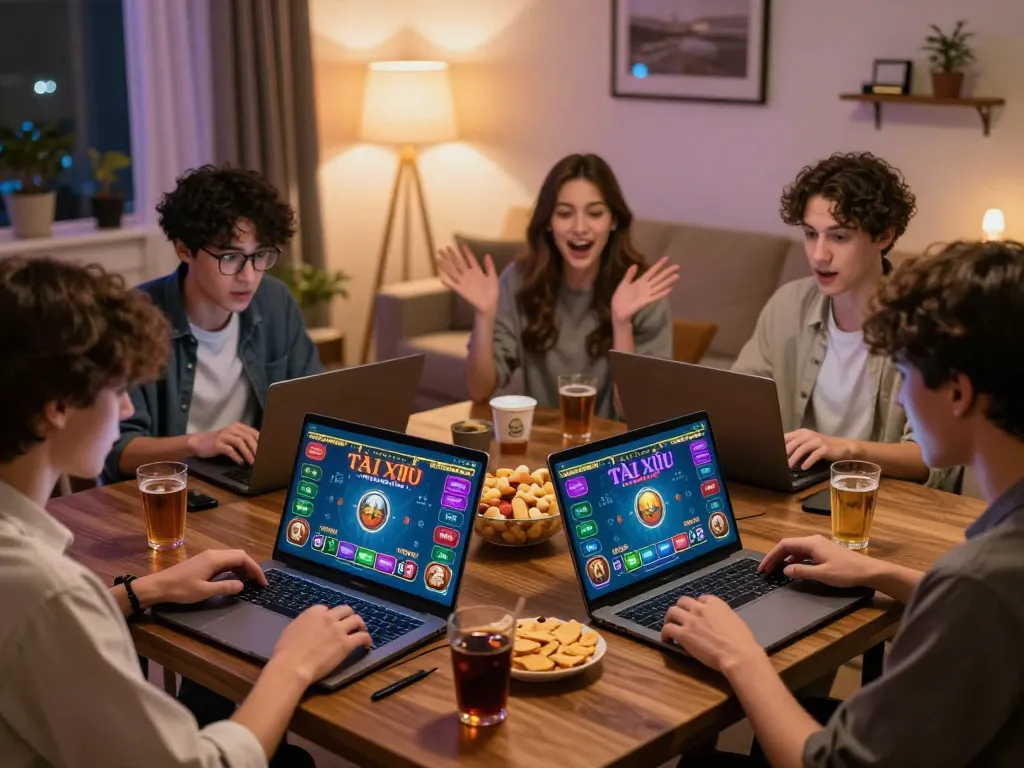 Player strategizing in a lively TÀI XỈU ONLINE game at home with friends and laptops