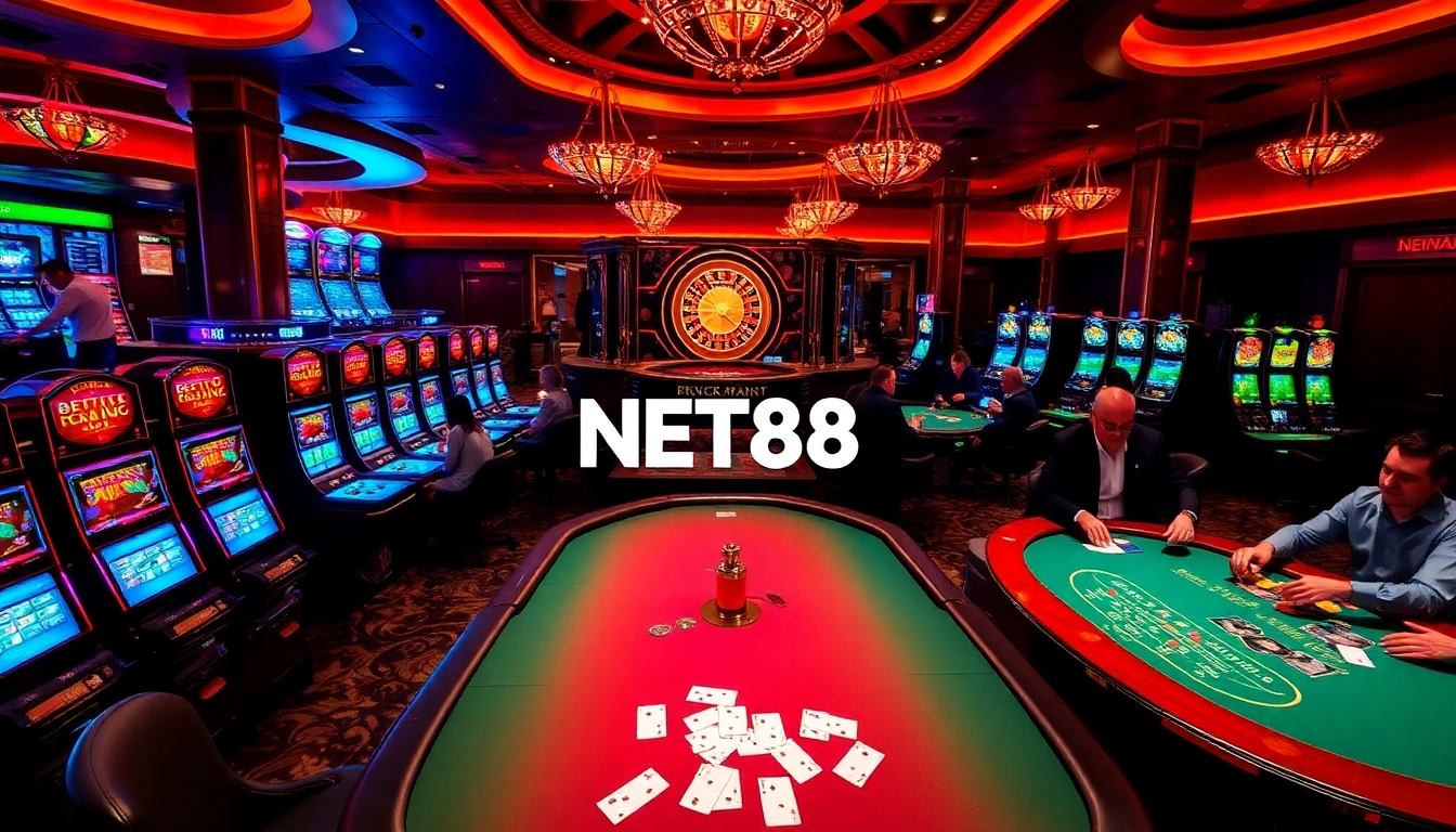 Experience thrilling gameplay at NET88's vibrant casino tables with poker chips and slot machines.