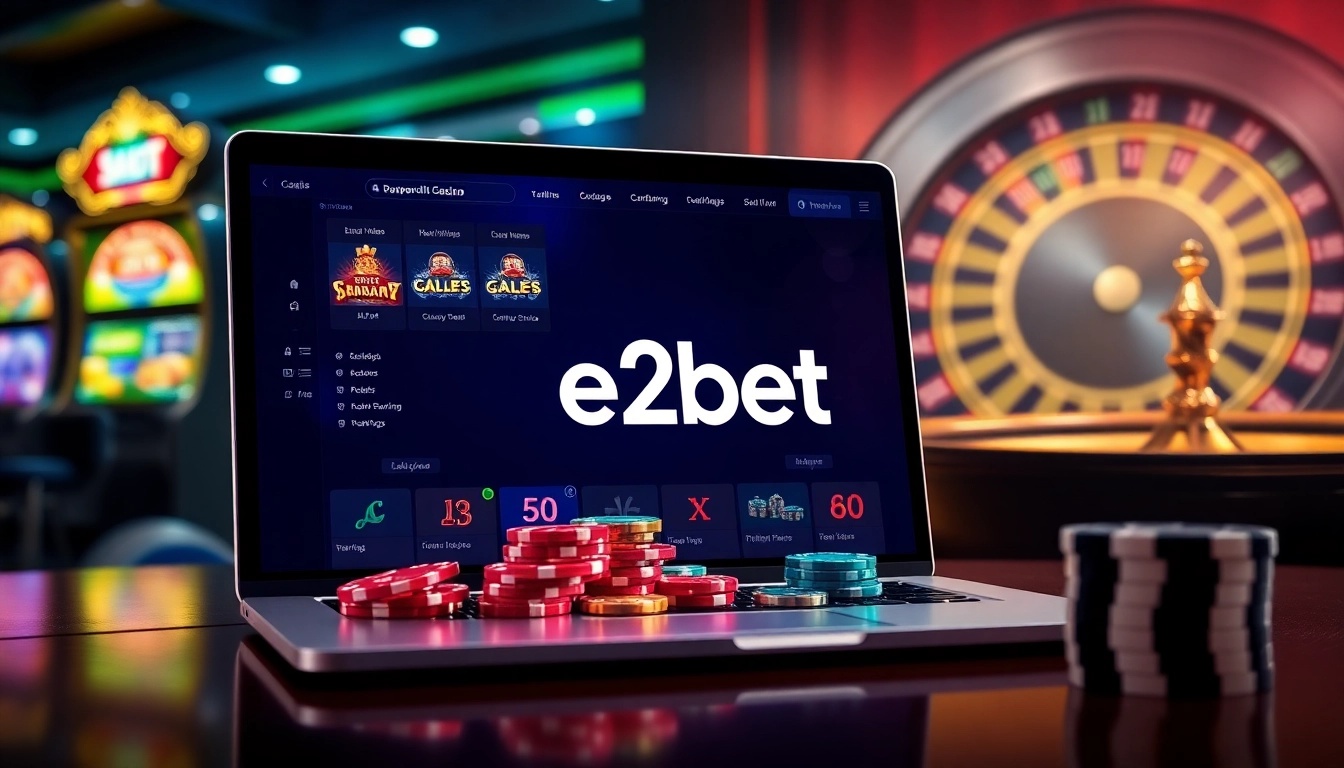 Experience thrilling gameplay at e2bet with vibrant casino visuals featuring slot machines and poker chips.