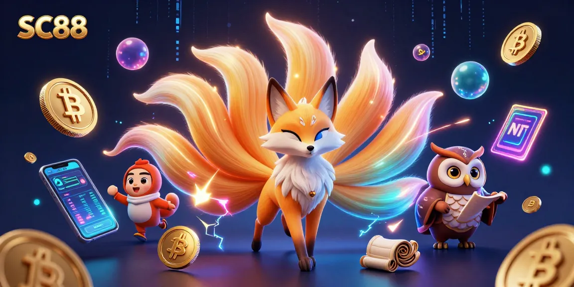Engage with SC88, featuring vibrant cartoon characters, crypto elements, and a dynamic casino atmosphere.