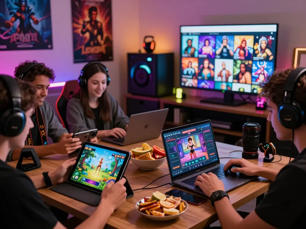 Engaging scene of friends playing interactive porn games on various devices, showcasing the diversity and excitement of adult gaming.