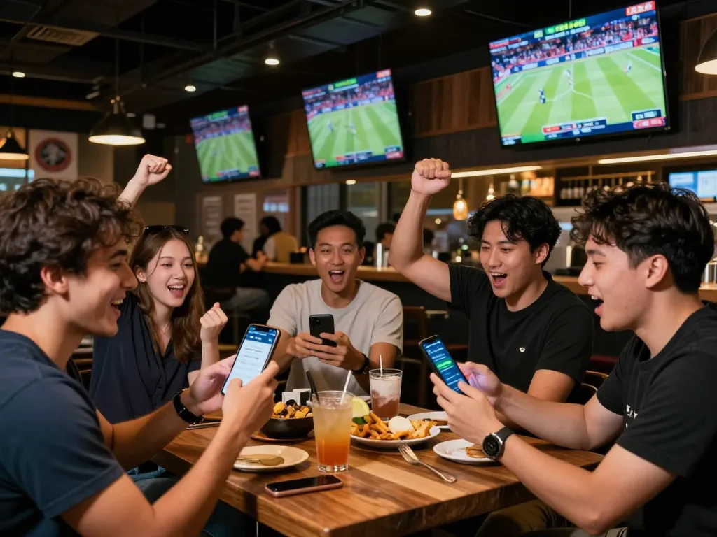 Tỷ lệ kèo trực tuyến observed by excited patrons at a lively sports bar during live betting.