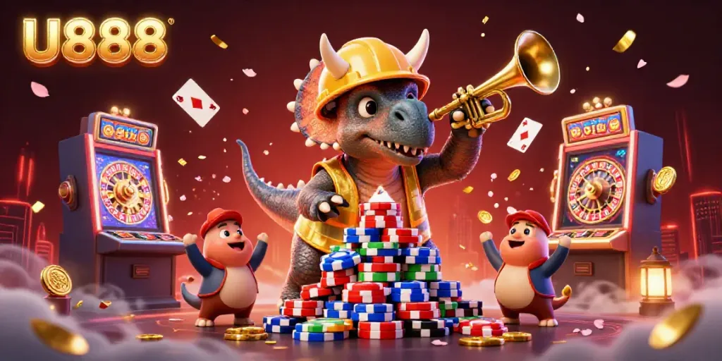 Experience the joy of U888 with a vibrant casino scene featuring cartoon characters and festive decorations.
