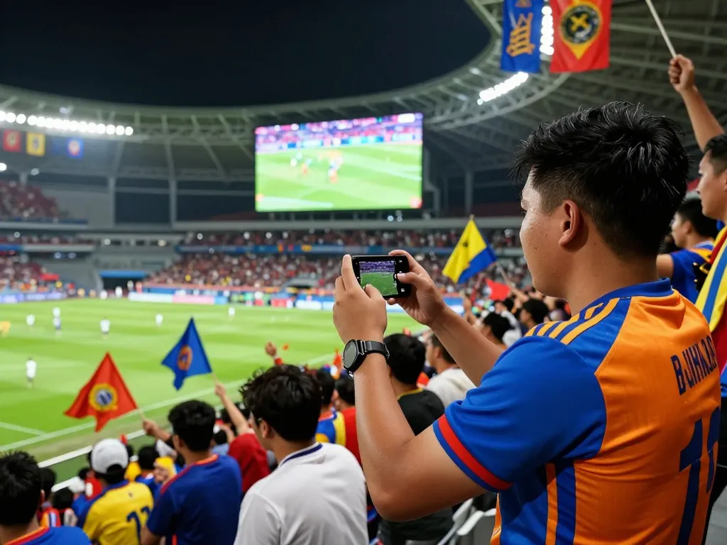 Soccer fan engaging with live scores on smartphone at a thrilling match showcasing 7m.