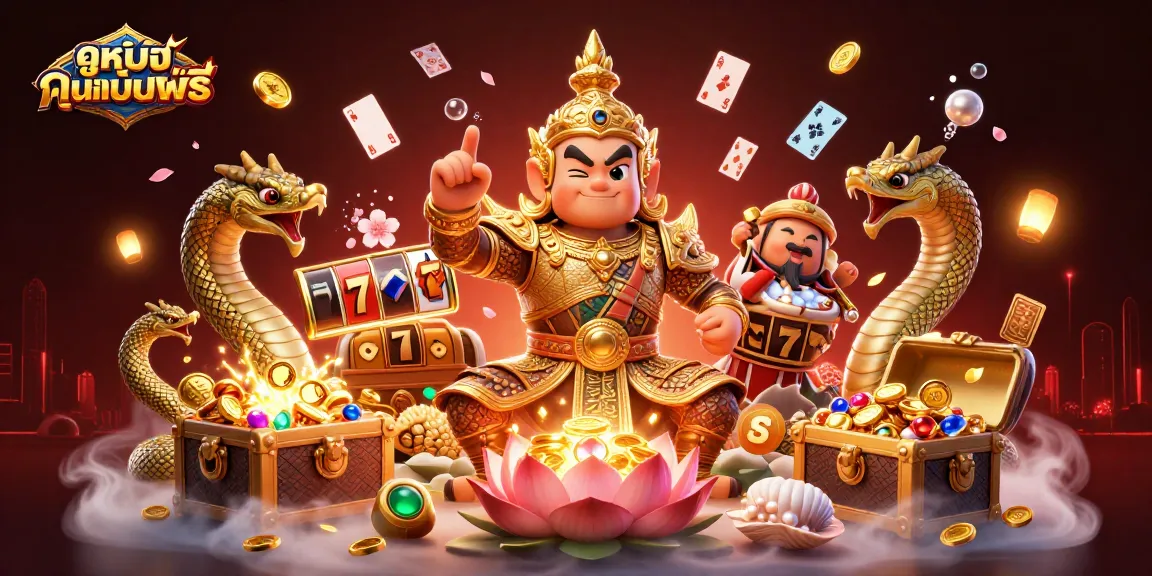 Engage with ดูหนังออนไลน์ฟรี through vibrant casino-themed illustration featuring slot reels and golden Yaksha.