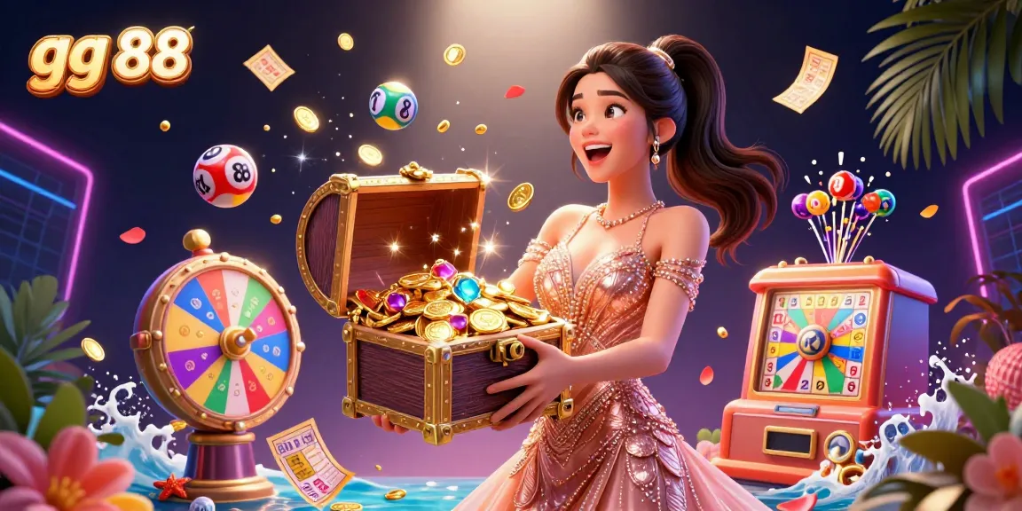 Discover vibrant golden treasures at gg 88, featuring a beautiful woman with dynamic lottery elements.