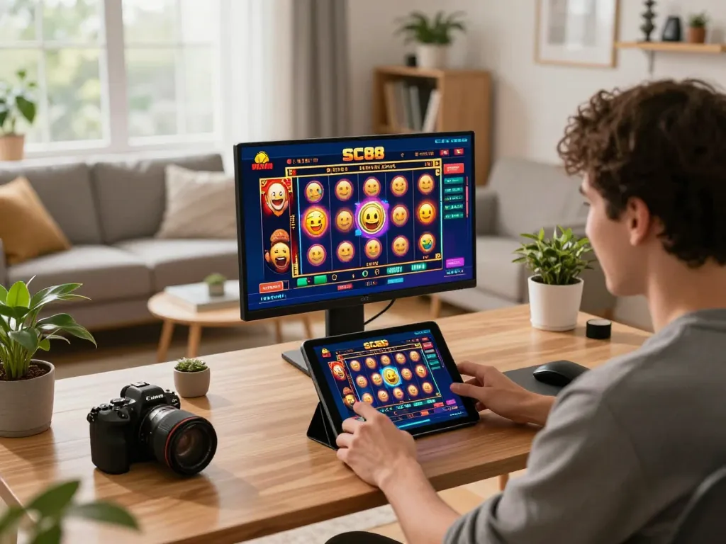 Engaging with SC88 casino app on tablet at home setup during online gaming.