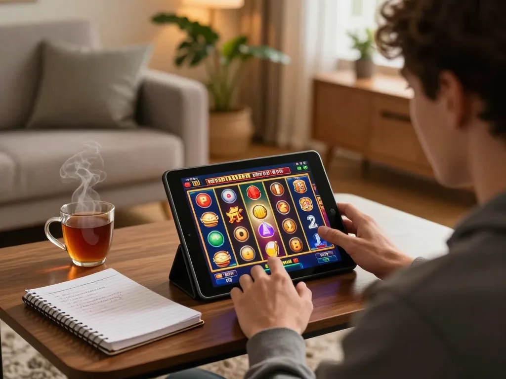 Engage in dynamic online slots gameplay on a tablet, highlighting transporthydraulics in a cozy setting.