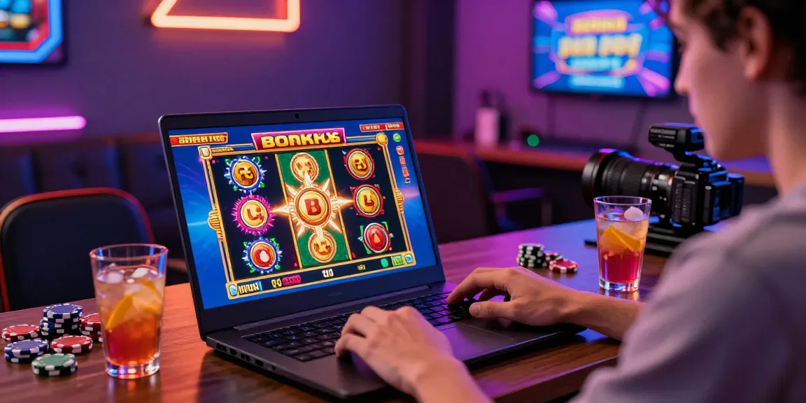 Player enjoying bonus buy slots on gaming laptop in modern casino setting.