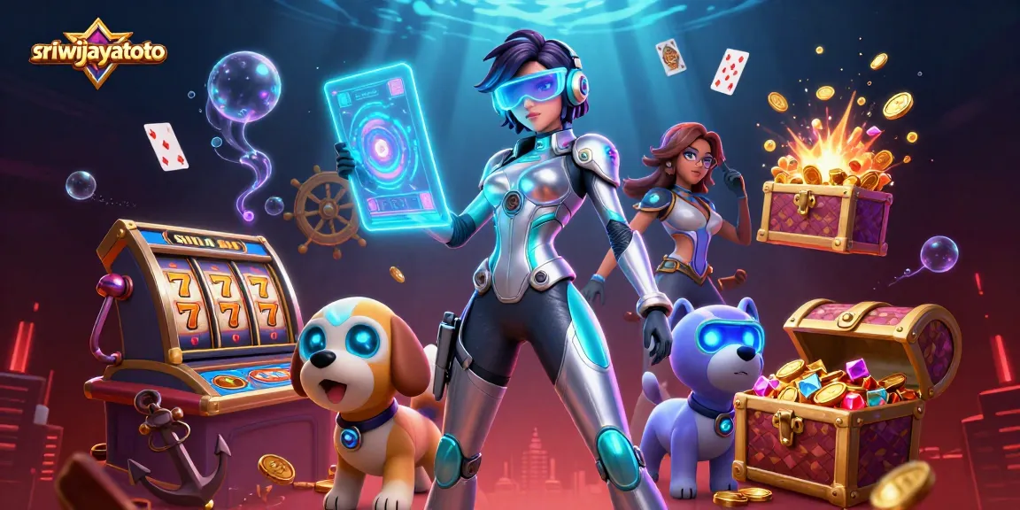 Sriwijayatoto showcases a vibrant 3D casino scene filled with slot elements, treasures, and dynamic action.