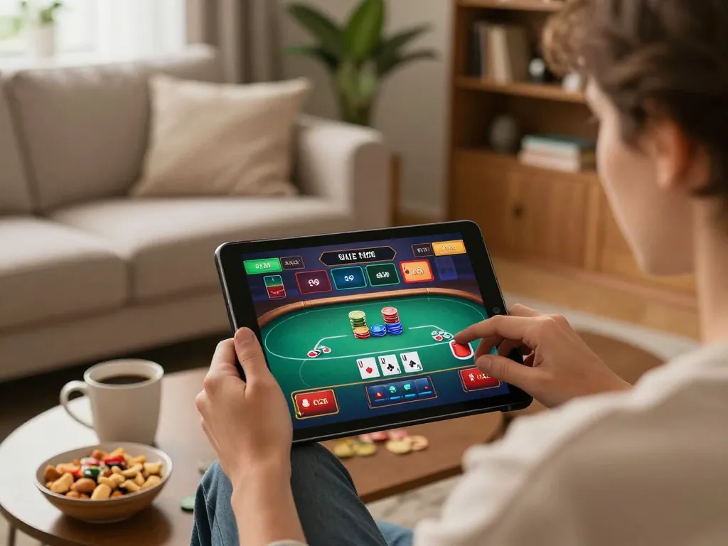 8LIVE player engaged in a dynamic online poker game on tablet, cozy home setting