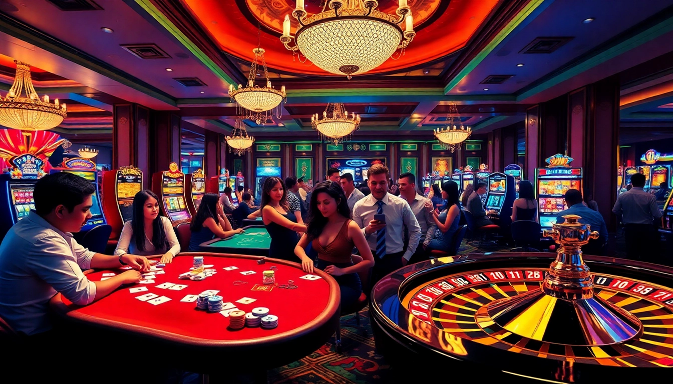 Exciting casino scene showcasing players at GG88 tables and machines, immersed in thrilling gambling activities.