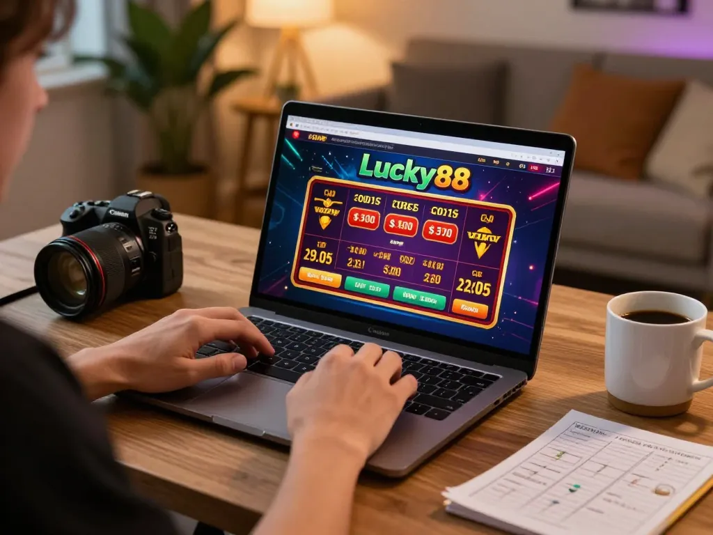 Engaging image of a player betting on Lucky88 online casino from a cozy home setting.