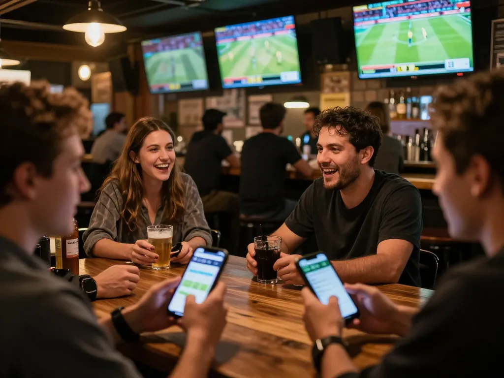 Engaged patrons at a bustling bar using betting apps from https://www.mnm88.com/ to strategize on sports events.