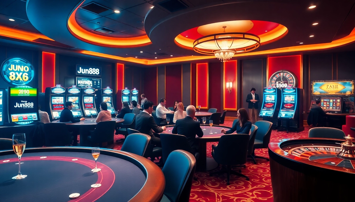 Players enjoying a thrilling game at Jun888 casino, showcasing excitement and professional gambling atmosphere.