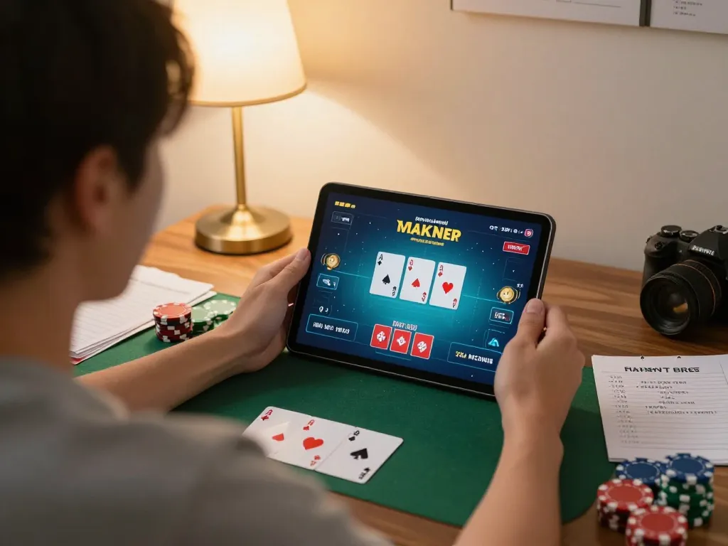 Engaging in a poker game on a tablet at home while learning strategies, referencing MANCLUB tips.