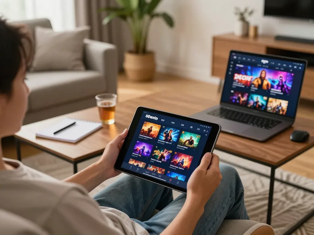 Player engaging with the 58wiin casino app on a tablet in a stylish home gaming setup.