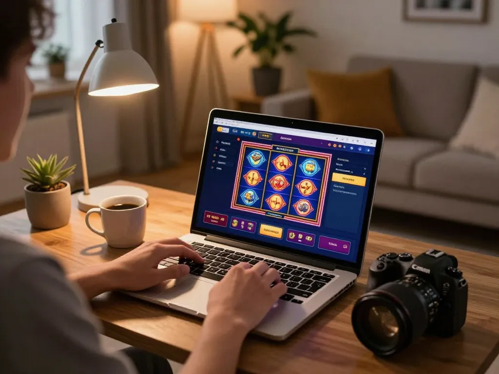 Play online slots at https://123bz.uk.net/ with a cozy home setup, showcasing exciting gaming action.
