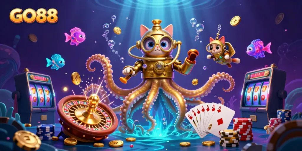 Experience the thrill of GO88 with a colossal kraken and diving cat, surrounded by vibrant casino elements.