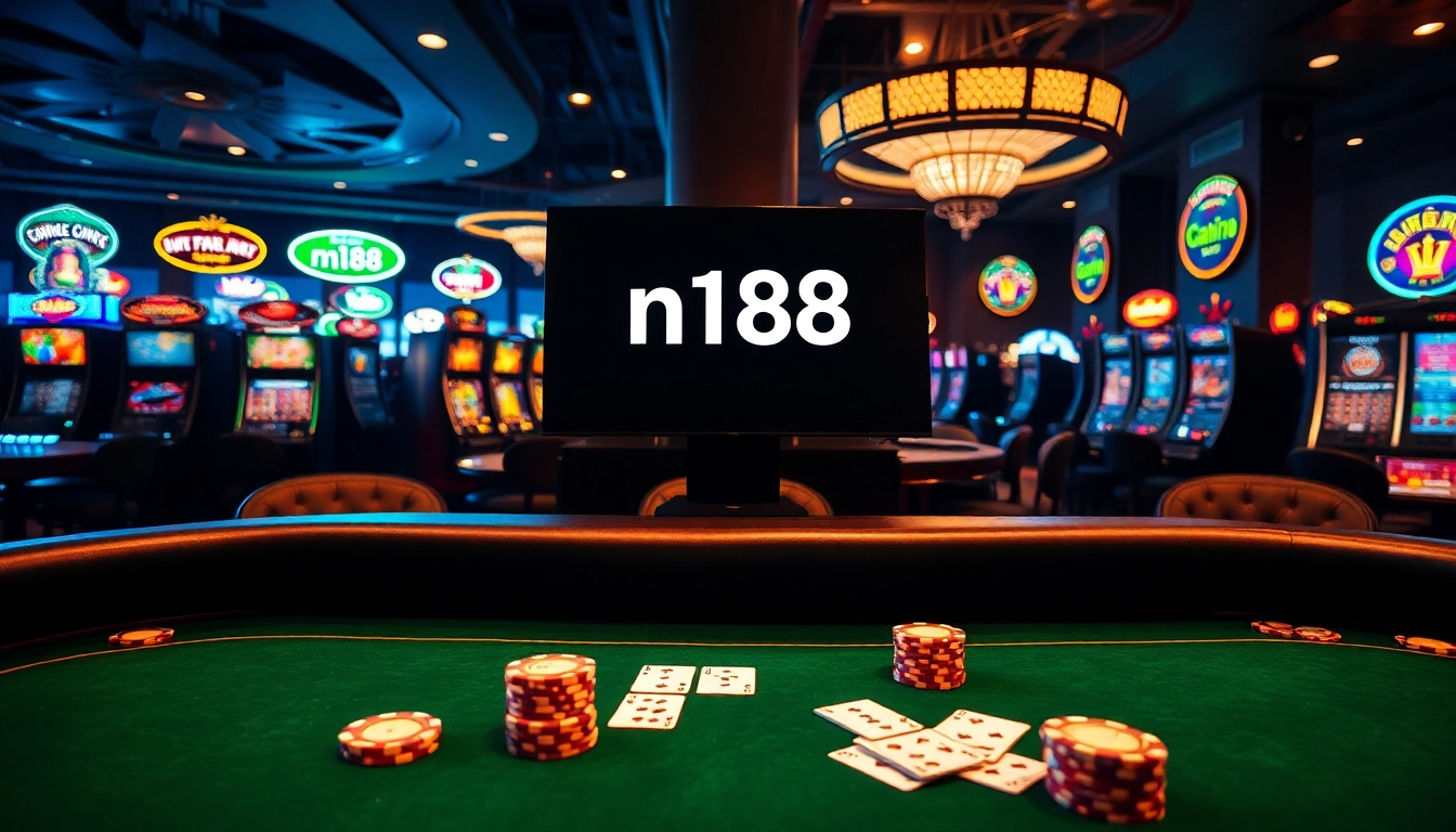 Players engage at an elegant poker table in a casino, showcasing n188 branding and vibrant gaming atmosphere.