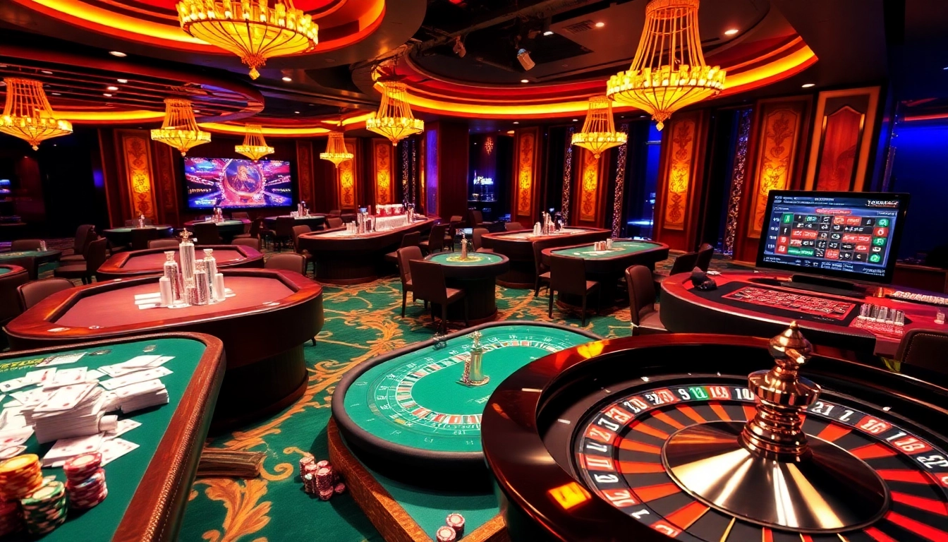 A vibrant casino scene showcasing high-energy gambling at https://789bet.red/ with poker chips and a roulette wheel.