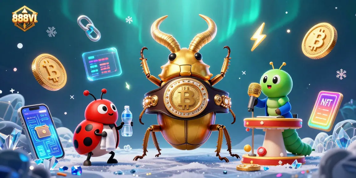 Engage with 888VI's vibrant casino world featuring a golden stag beetle boxing champion against crypto elements.
