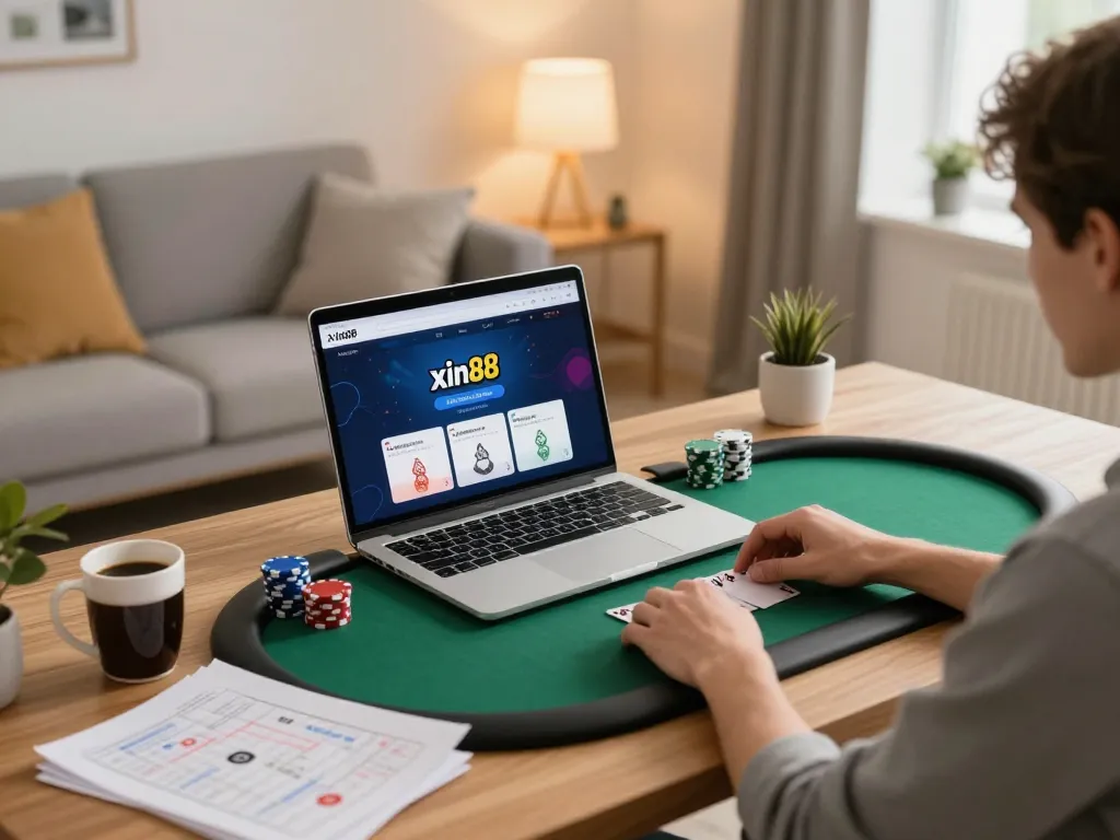Engaging in online poker with Xin88 on a laptop in a cozy home office.