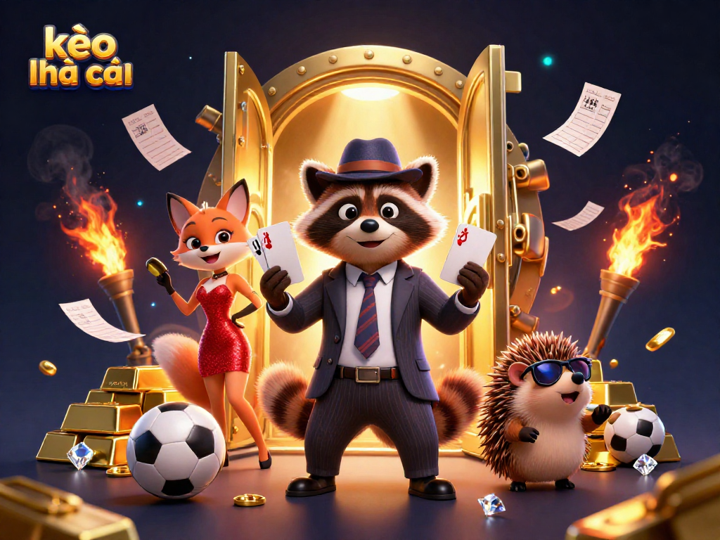 Engage with kèo nhà cái sports betting thrill featuring raccoon, fox, and hedgehog in vibrant 3D scene.